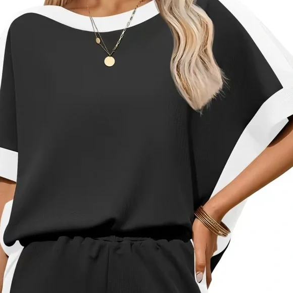 ankaneo Womens 2 Piece Summer Outfits Oversized Small Black White Shorts Shirt - Picture 2 of 2